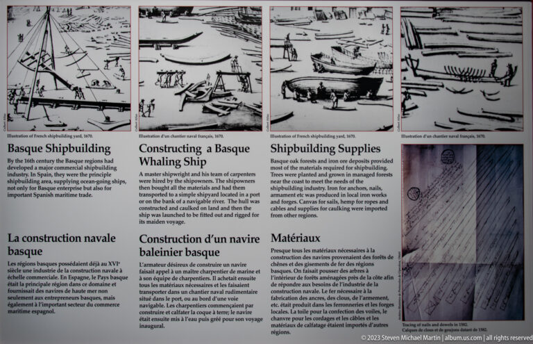 Bilingual Basque shipbuilding panel with historical drawings of boatyards, carpenters, timber, and construction activity.