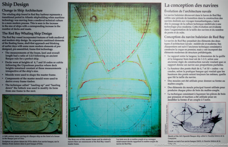 Bilingual panel titled 'The Red Bay Whaling Ship Design' with a large colored hull body plan and historical ship drawings.