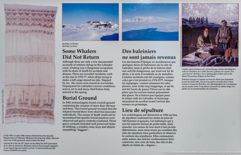 Bilingual panel titled 'Some Whalers Did Not Return' with burial-ground text, archaeological imagery, and a historic deathbed illustration.
