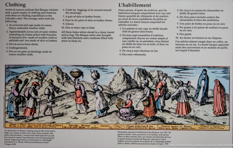 Bilingual 'Clothing / L’habillement' panel with a colorful period illustration of people wearing varied early modern garments.