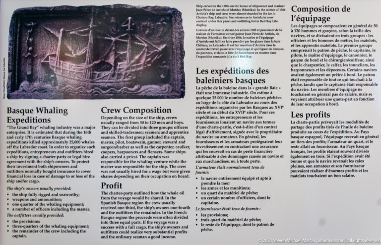 Bilingual panel titled 'Basque Whaling Expeditions' with sections on crew composition and profit beside a historic maritime image.