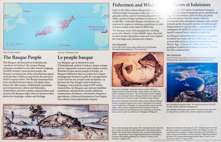 Bilingual panel titled 'The Basque People' with maps, period illustrations, and sections about fishermen and whalers.
