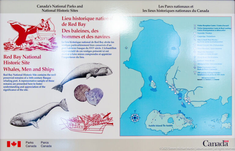 Parks Canada panel titled 'Red Bay National Historic Site: Whales, Men and Ships' with map and whale illustrations.