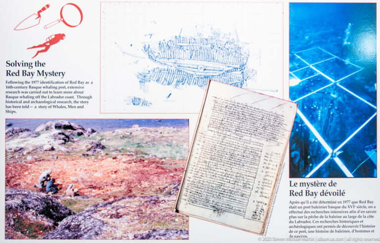 Bilingual 'Solving the Red Bay Mystery' panel with wreck drawing, manuscript, excavation photograph, and underwater survey image.