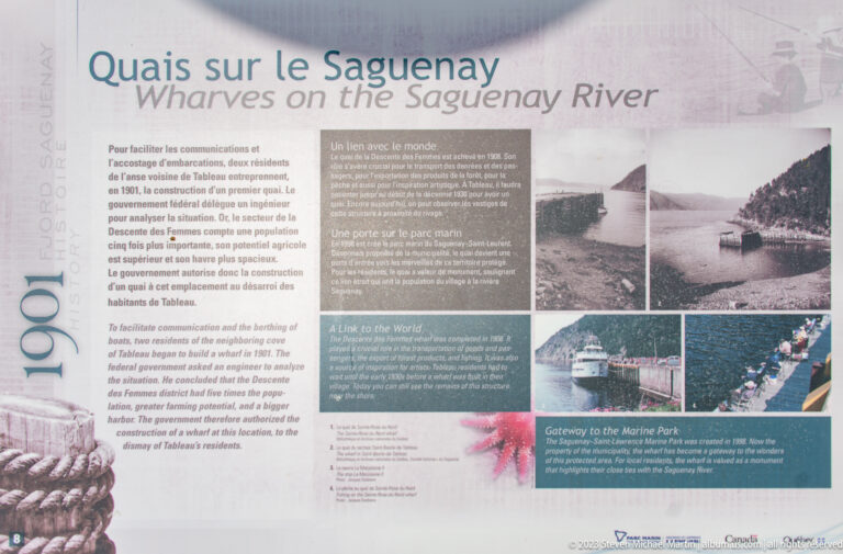 Bilingual “On the Saguenay River” panel with historic ship and waterfront photographs.