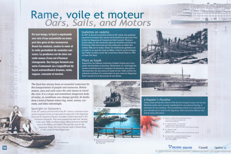 Bilingual “Sails and Motors” panel with archival photographs of sailboats, workboats, and Saguenay waterfront activity.