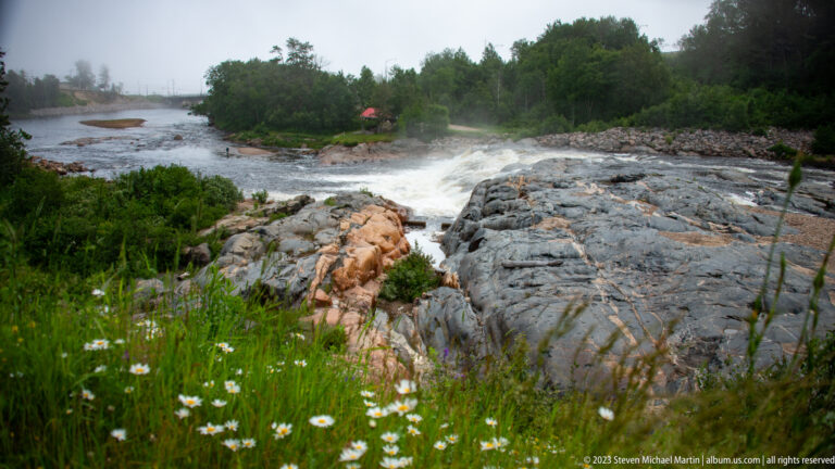 White rapids across dark bedrock, framed by foreground wildflowers and forest with a red-roofed shelter.