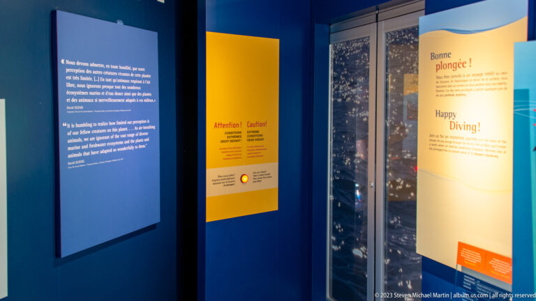 Blue, yellow, and cream bilingual museum panels beside a glass-fronted display, including a large “Happy Diving!” heading.