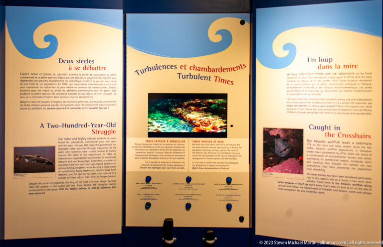 Three tall bilingual panels about a two-hundred-year-old struggle, turbulent times, and life caught in changing estuary conditions.