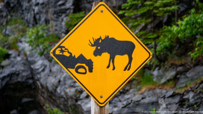 Yellow roadside warning sign showing a moose beside a damaged car, mounted against a rocky forest backdrop.