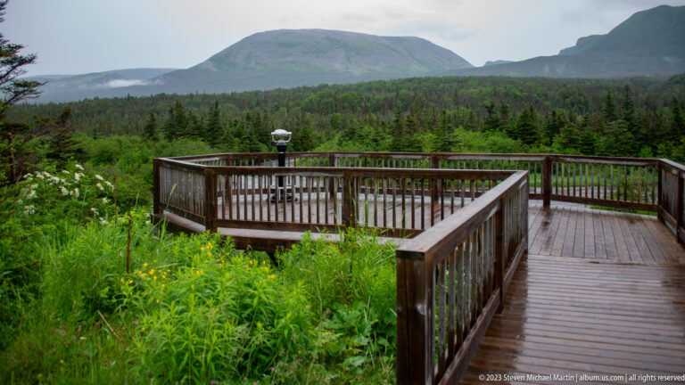 Wooden viewing platform with railings overlooking dense green meadow, forest, and rounded mountains.