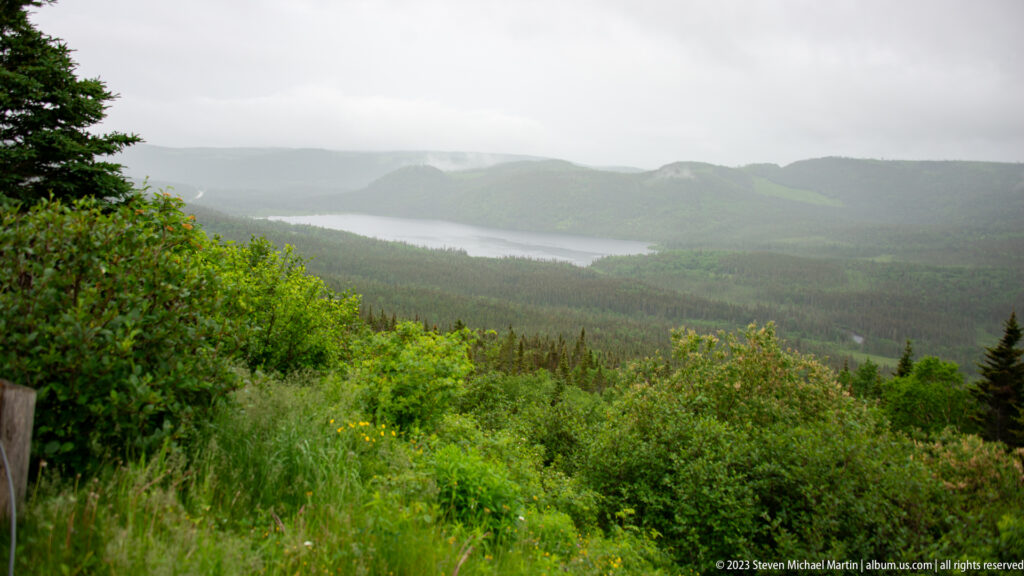 Forested valley descending to a long inlet beneath rounded mountains and low gray cloud.