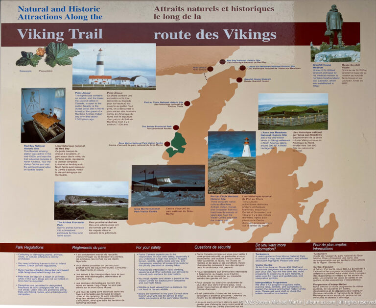 Bilingual Viking Route interpretive panel with a regional map, attraction markers, photographs, and visitor information.