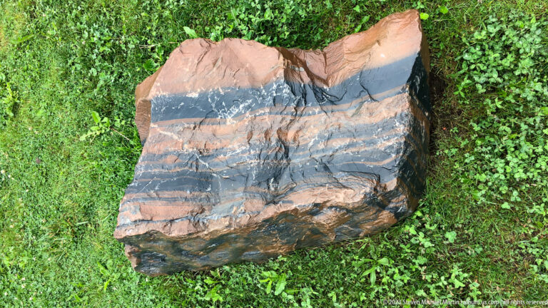 Large rock specimen on grass with alternating reddish-brown and dark gray bands, folds, and pale veins.