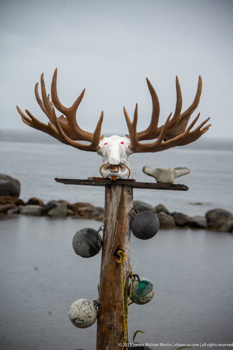 Antlered skull mounted on a weathered post with suspended beach stones and rope beside calm gray water.