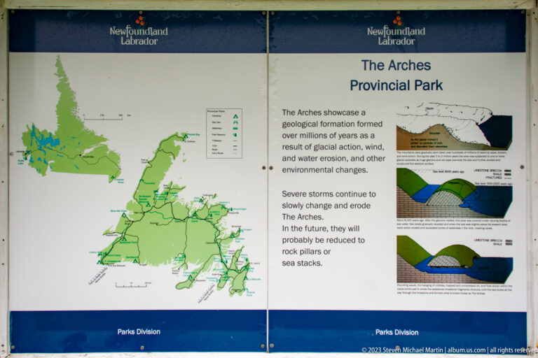 Newfoundland and Labrador panel for The Arches Provincial Park with map, geology text, and arch-formation diagrams.
