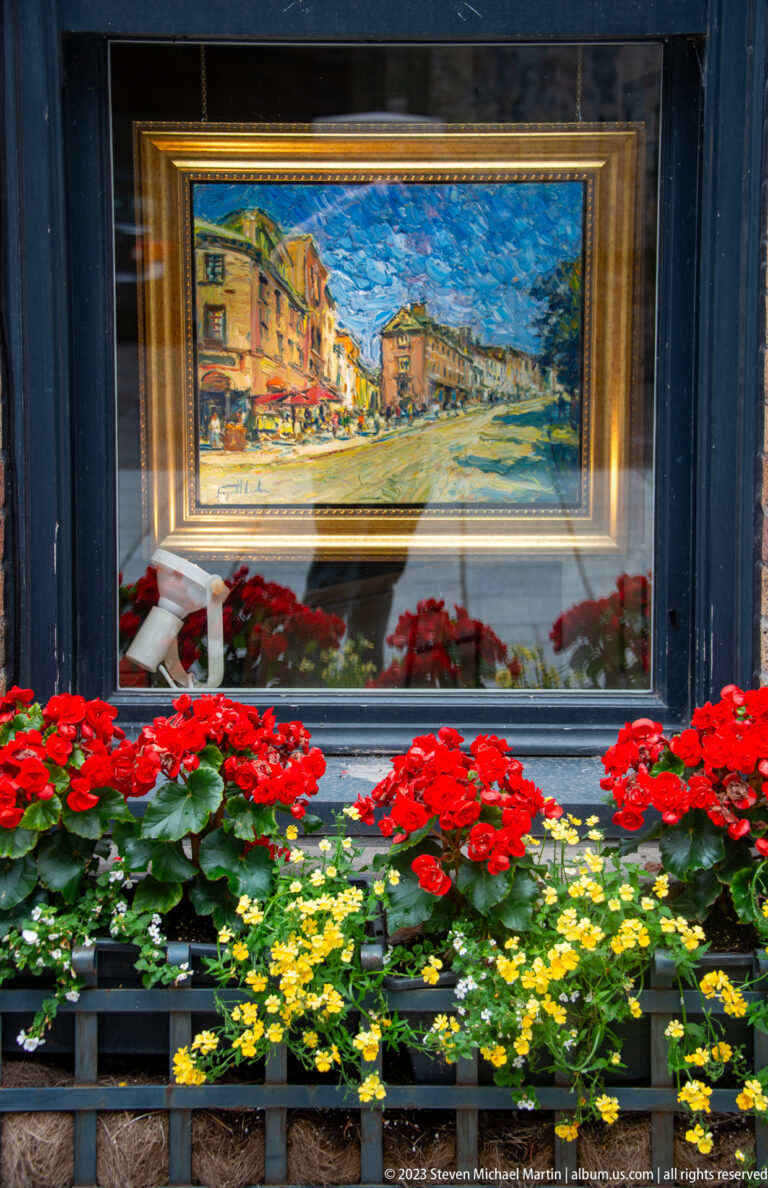 Framed colorful cityscape painting behind a shop window, partly obscured by red and yellow flower boxes.