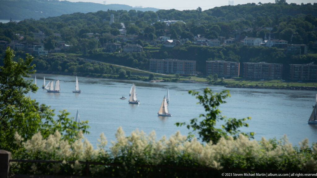 White sailboats crossing the St. Lawrence River below a wooded hillside lined with houses and apartment buildings.