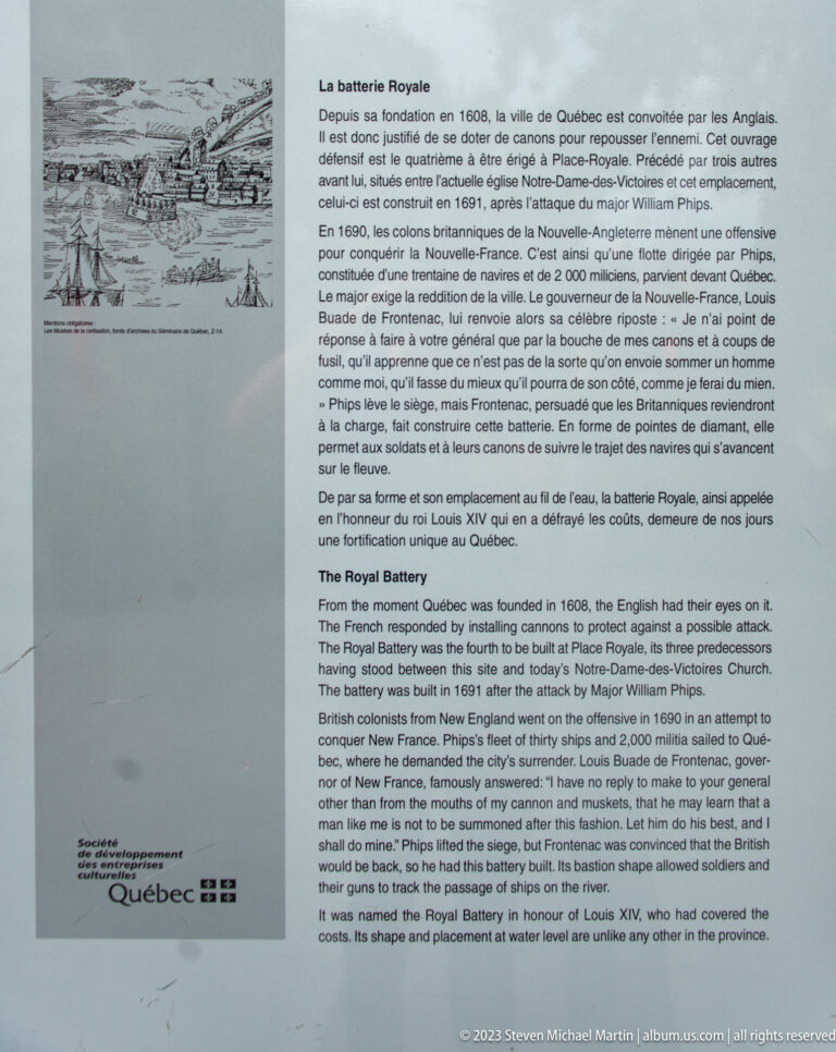 Bilingual interpretive panel titled La batterie Royale with historical text, small illustration, and Quebec City institutional marks.