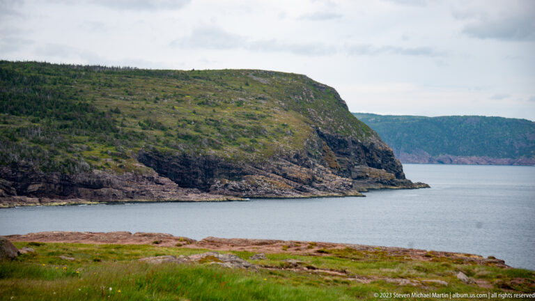 Rocky green headland beside calm Atlantic water, with layered cliffs and a distant wooded ridge near Cape Spear.