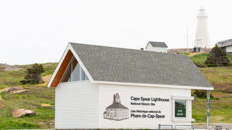 White Cape Spear National Historic Site visitor building with bilingual signage and tall lighthouse tower rising behind it.