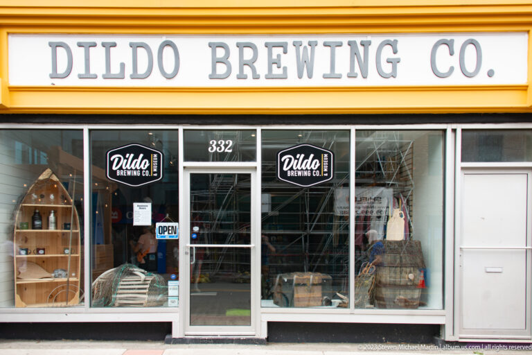 Front of Dildo Brewing Co. shop with brewery logos on glass doors, merchandise displays, and street number 332.