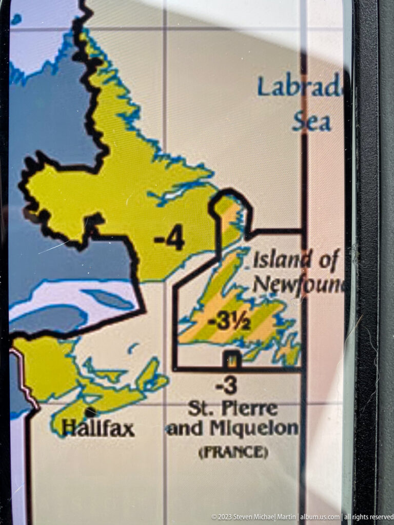 Map detail showing Newfoundland, Labrador, Halifax, and Saint-Pierre and Miquelon in the North Atlantic.
