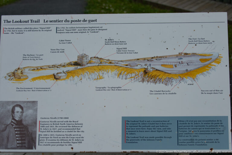 Interpretive panel with a labeled diagram of Signal Hill fortifications, explanatory text, and a military portrait.