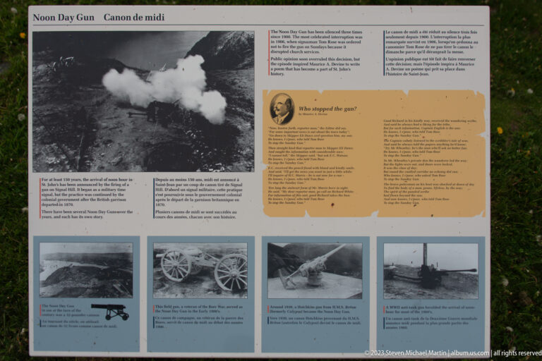 Signal Hill interpretive panel with historic photographs and diagrams of artillery pieces, including a gun firing.