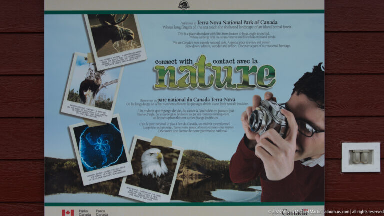 Bilingual Parks Canada 'connect with nature' poster with wildlife images and a person using optical equipment.