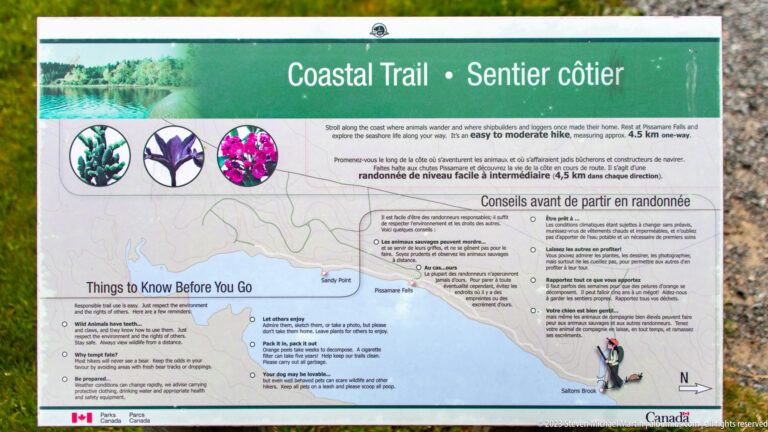 Bilingual Coastal Trail information panel with route map, safety advice, plant illustrations, and Parks Canada branding.