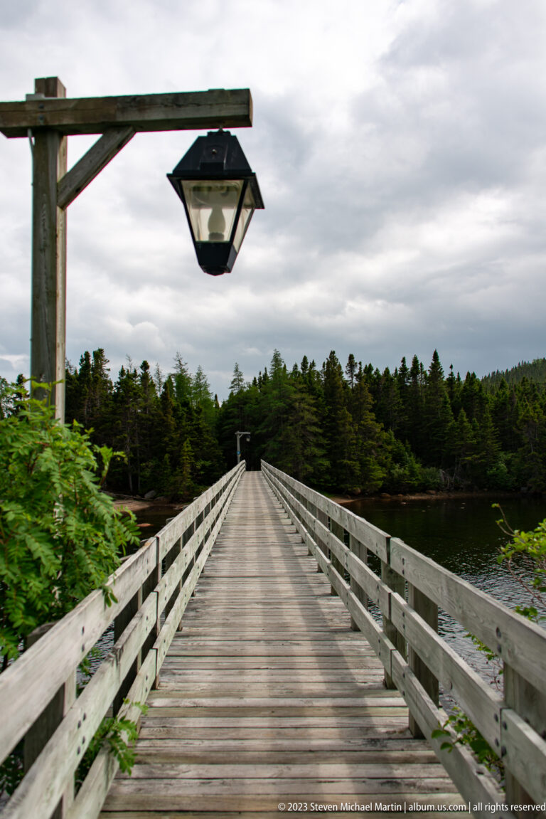 Centered view down a wooden footbridge with white railings, a lantern at left, and forest ahead.