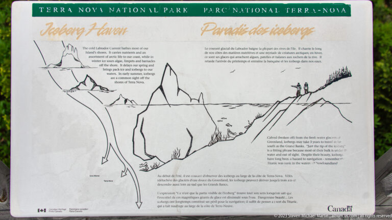 Bilingual interpretive panel with a line drawing of an iceberg, coastline, and text about icebergs at Terra Nova National Park.