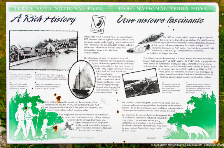 Bilingual Terra Nova National Park history panel with archival photographs and maritime imagery.