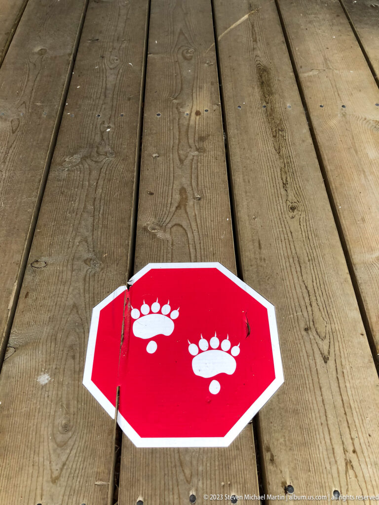 Small red polygonal marker with two white animal paw prints lying on a wooden plank deck.