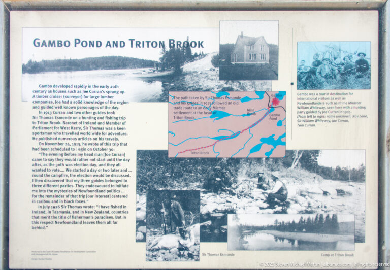 Interpretive panel with archival photographs, map, and bilingual text about Gambo and Triton Brook.