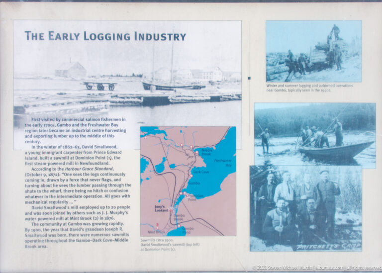 Logging-industry interpretive panel with historic worker photographs, timber scenes, and a regional map.
