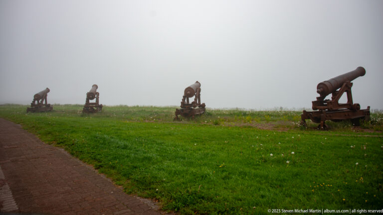 Several historic iron cannons on wooden carriages line a grassy park beside a path in heavy fog.