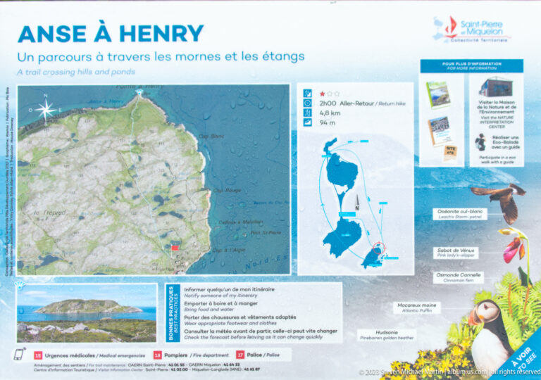 Bilingual CAP A HENRY trail panel showing a map, route profile, wildlife illustrations and visitor information.