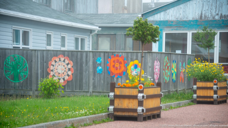 Gray wooden fence painted with colorful circular motifs, with barrel planters and small trimmed trees along a walkway.