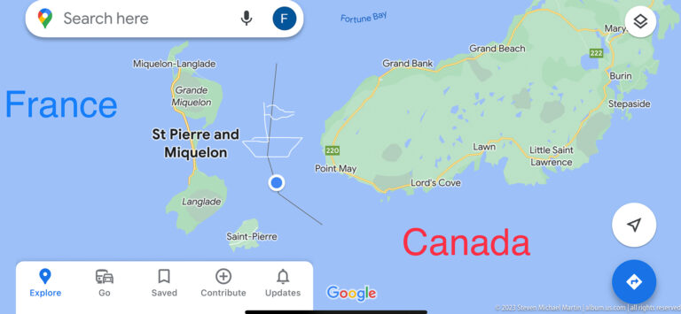 Google Maps screen showing Saint Pierre and Miquelon beside Newfoundland, labeled between France and Canada.