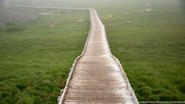 Long narrow wooden boardwalk extending straight through green wetland meadow and disappearing into fog.
