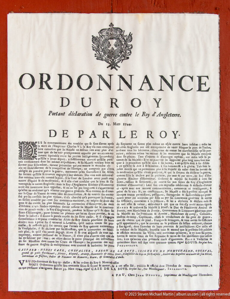 Framed French printed ordinance headed “ORDONNANCE DU ROY,” with royal emblem and dense columns of text.