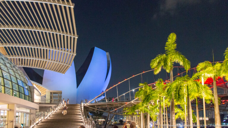 ArtScience Museum beyond illuminated stairs and palm trees along the Marina Bay waterfront.