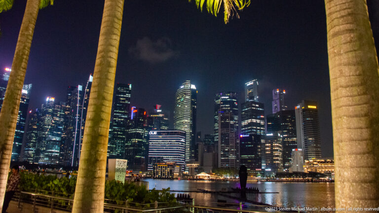 Downtown Singapore skyline at night framed between two palm trunks across Marina Bay.