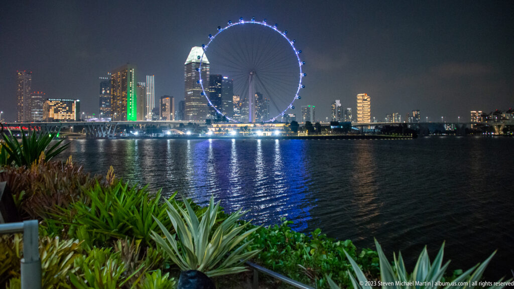 Blue-lit Singapore Flyer across Marina Bay, framed by tropical plants and waterfront skyline.