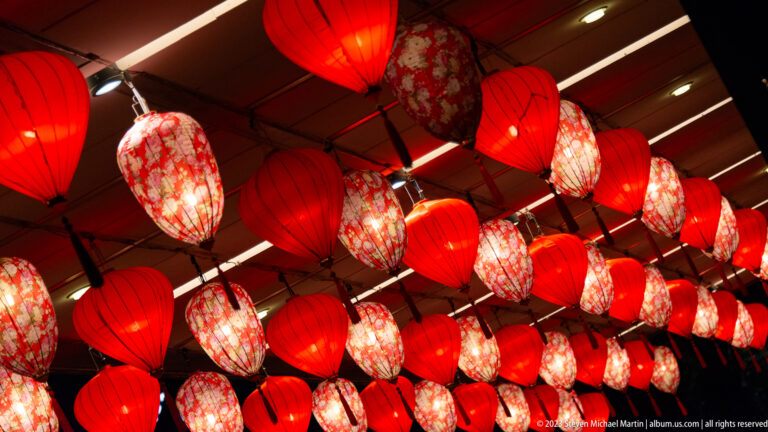 Rows of glowing red and floral-patterned lanterns suspended from a ceiling.