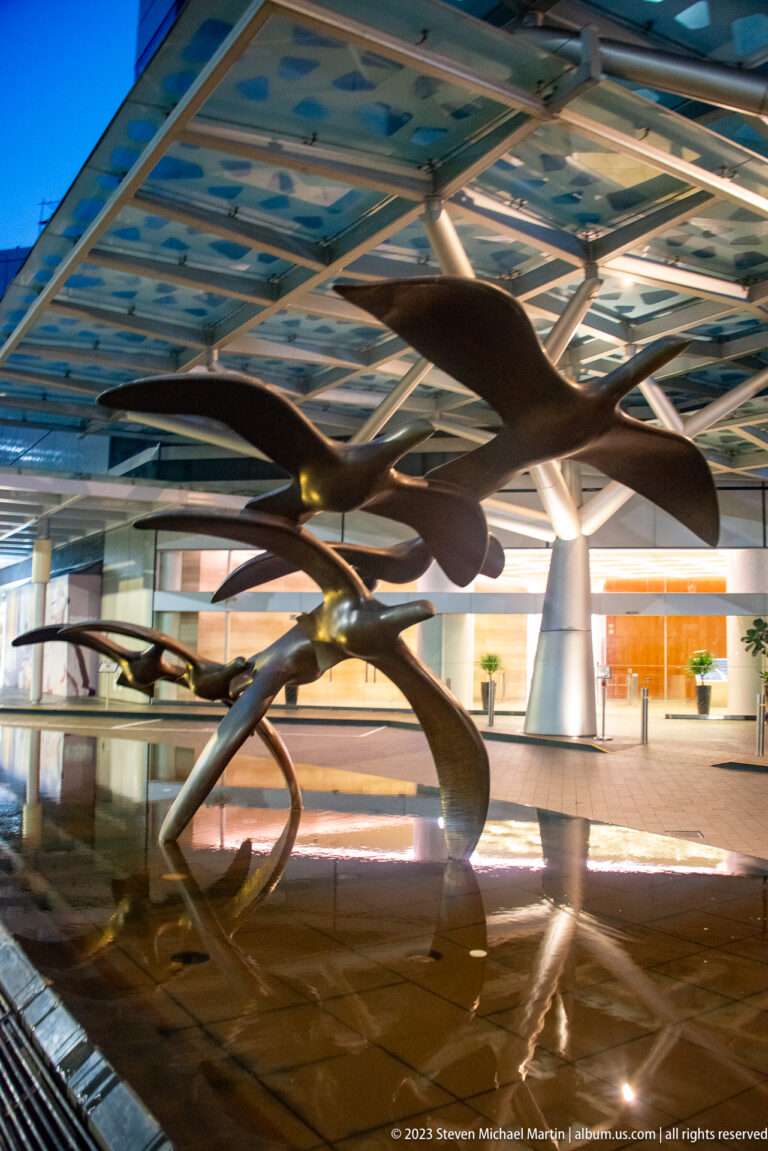 Dark branching abstract sculpture reflected beneath a geometric canopy in a modern plaza.