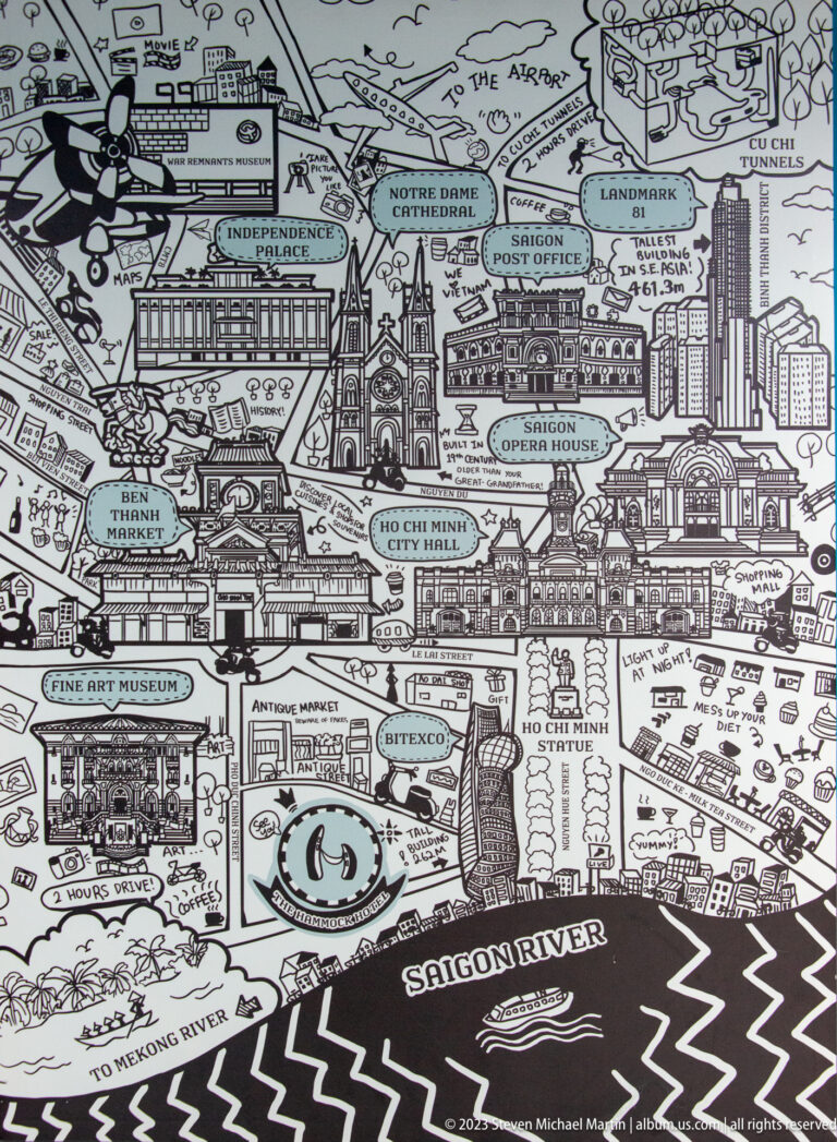 Illustrated map of Ho Chi Minh City filled with labeled landmarks, buildings, waterways, and decorative line drawings.