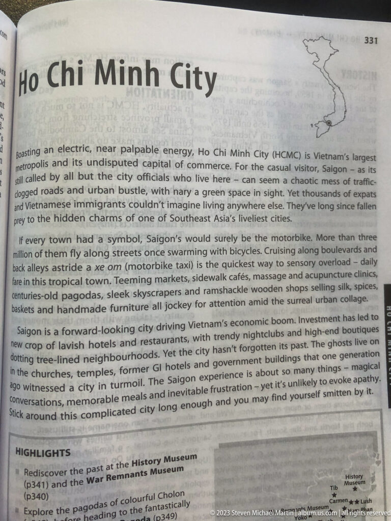 Open guidebook page titled Ho Chi Minh City with text, highlights, and a small map.